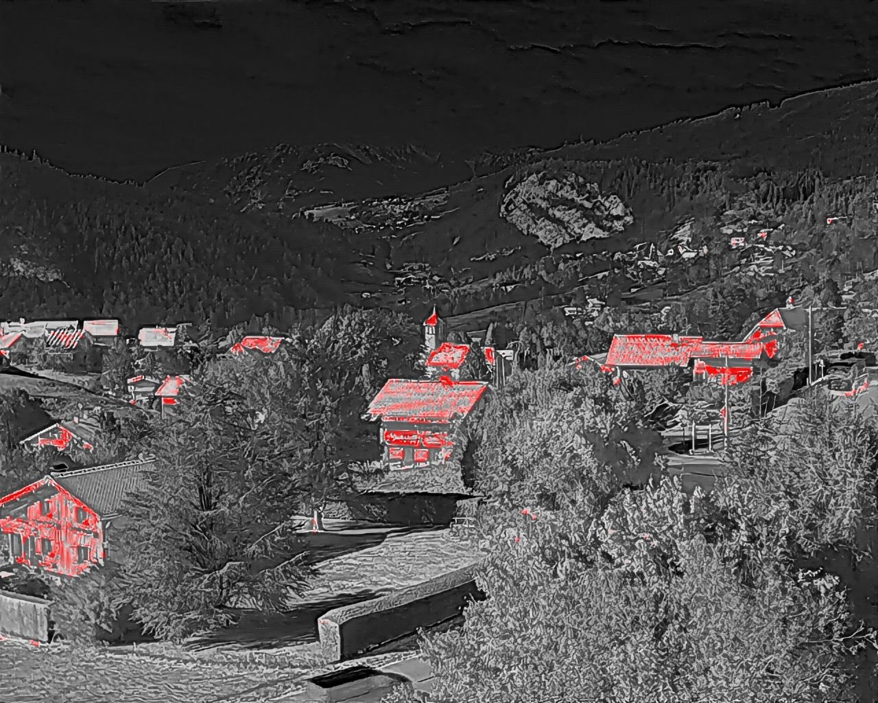 Vue thermique d'ensemble de toitures dans un village de montagne, palette Tint